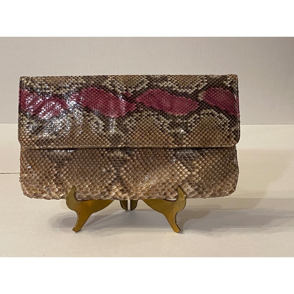 Margolin Fifth‎ Ave NY Genuine Snake Skin Clutch Bag Magenta Tan Vintage